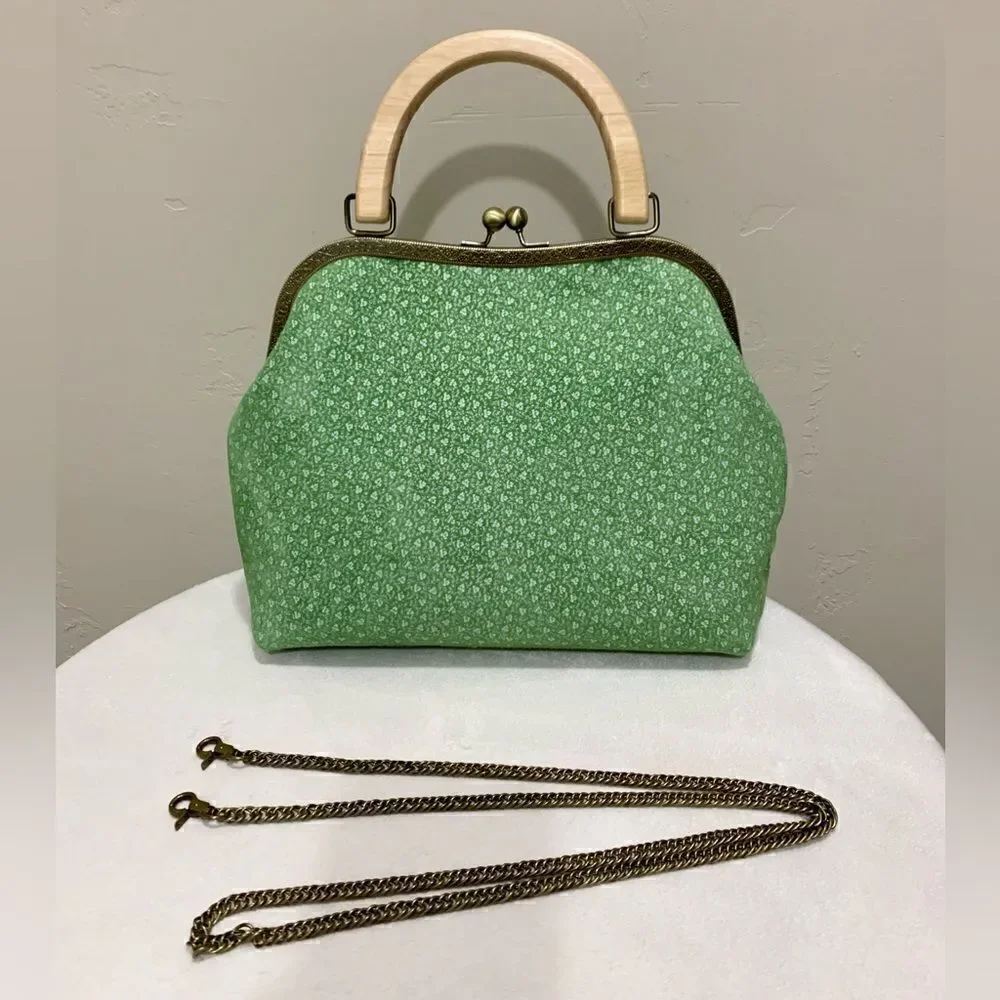 Handmade Genuine Nubuck Leather Embossed Wood Handle Kiss-lock Satchel Bag